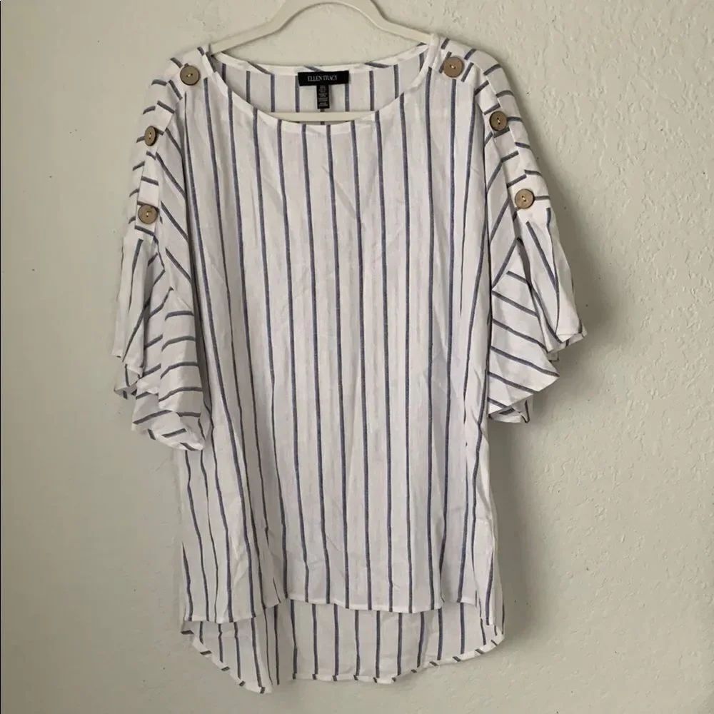 Ellen Tracy Linen Blend Loose Fitting White Blue Short Sleeve Blouse Size L